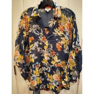 Umgee USA Womens Top M Blue Roll Tab Sleeve Floral Chiffon Button Up